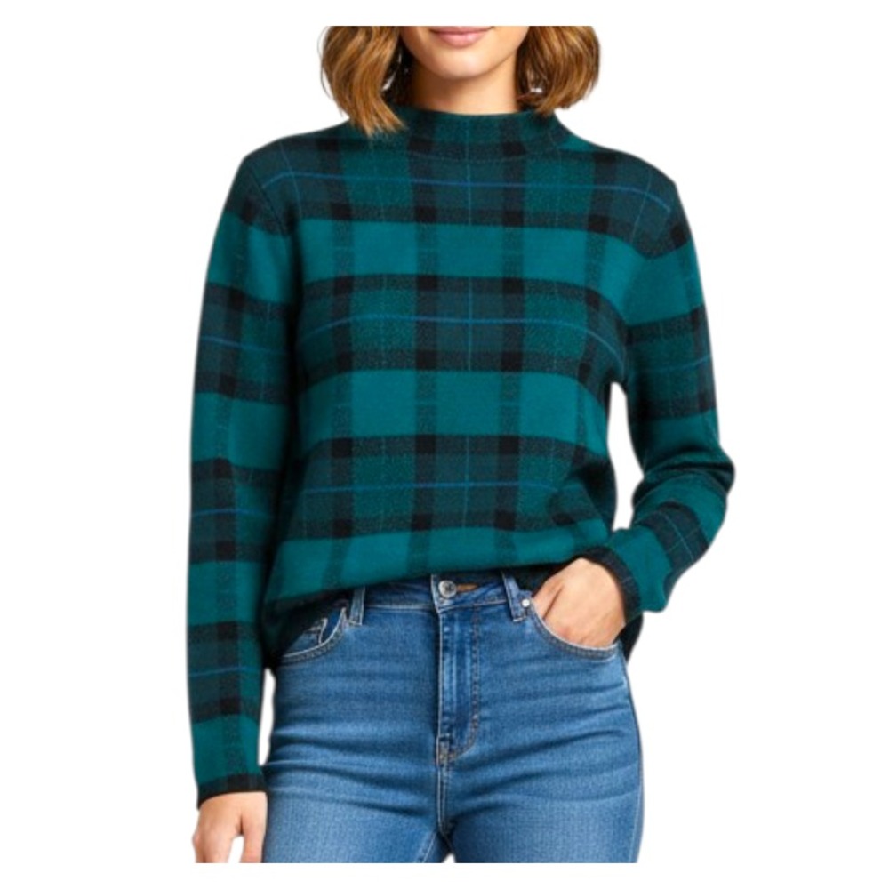 ANN TAYLOR Super Soft GREEN TARTAN PLAID SWEATER Mock Neck XXSP XXS P Petite